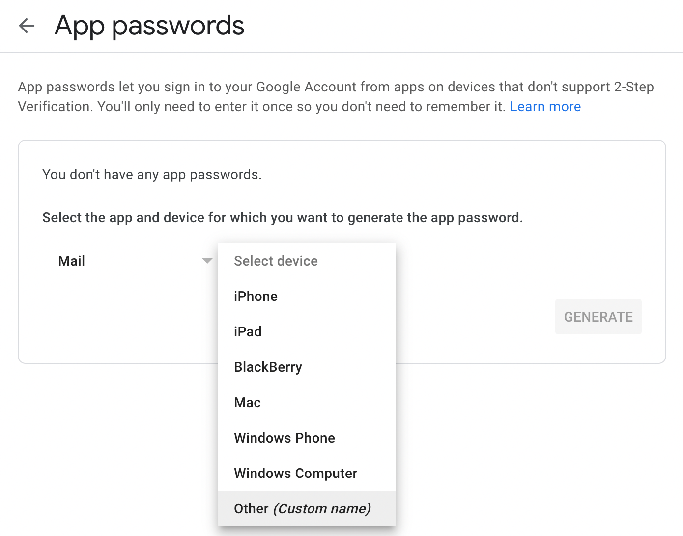 Select Others as Device for App password